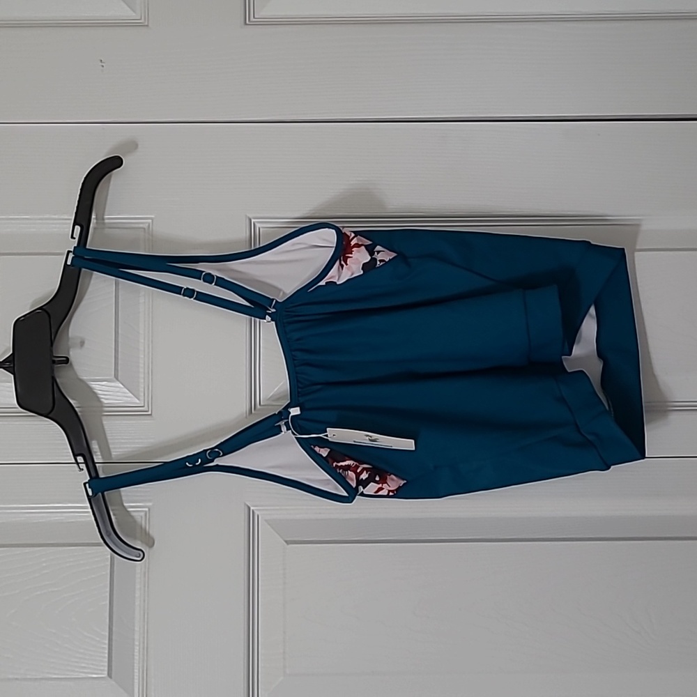 Teal Blue Pink Floral Swim Tankini, Medium, Adjustable Straps, Built in Bra, NEW - Picture 5 of 6
